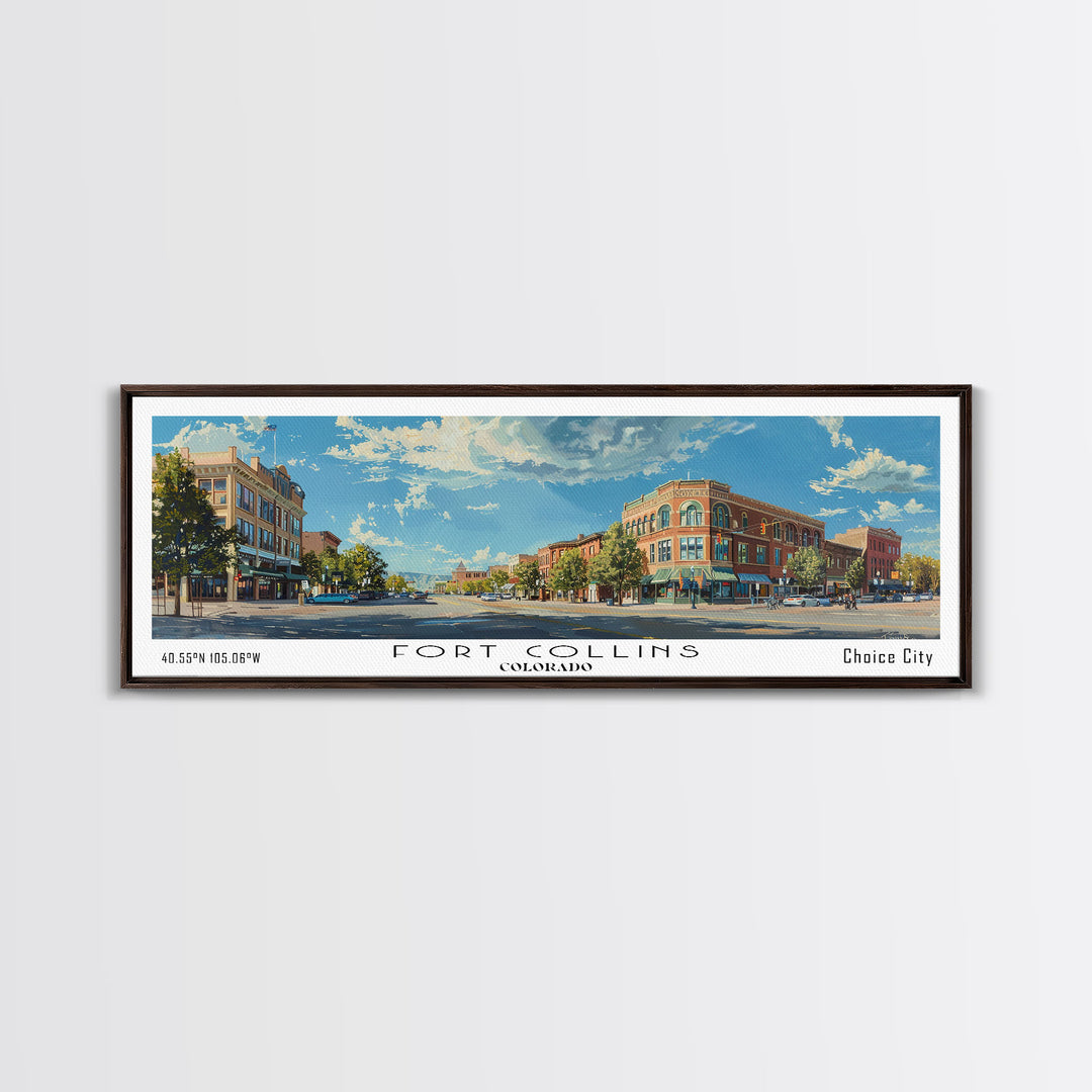 Fort Collins Colorado Panoramic Watercolor Painting, Scenic Framed Canvas Print, Urban Wall Art for Office, Travel Decor, City Print, Gift Idea