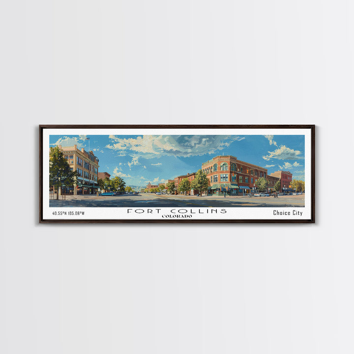 Fort Collins Colorado Panoramic Watercolor Painting, Scenic Framed Canvas Print, Urban Wall Art for Office, Travel Decor, City Print, Gift Idea
