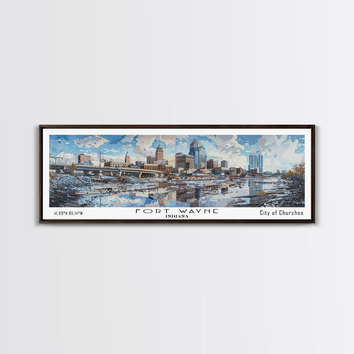 Fort Wayne Indiana Panoramic Watercolor Painting, Scenic Framed Canvas Print, Urban Wall Art for Office, Travel Decor, City Print, Gift Idea