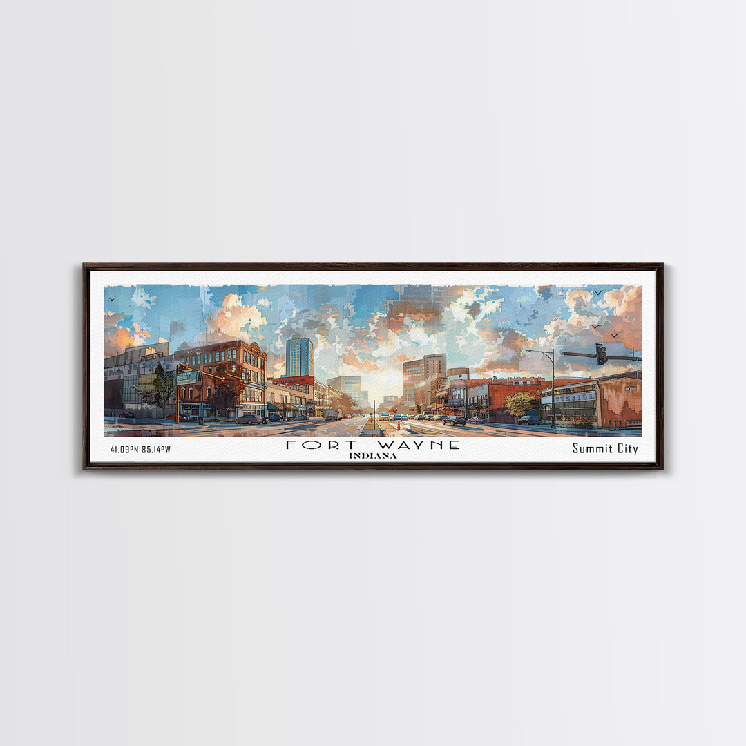 Fort Wayne Indiana Panoramic Watercolor Painting, Urban Framed Canvas Print, Cityscape Wall Art for Living Room, Travel Decor, Home Gift Idea