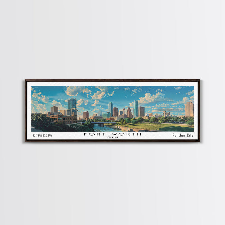 Fort Worth Texas Panoramic Watercolor Painting, Urban Framed Canvas Print, Cityscape Wall Art for Living Room, Travel Decor, Office Art, Gift Idea