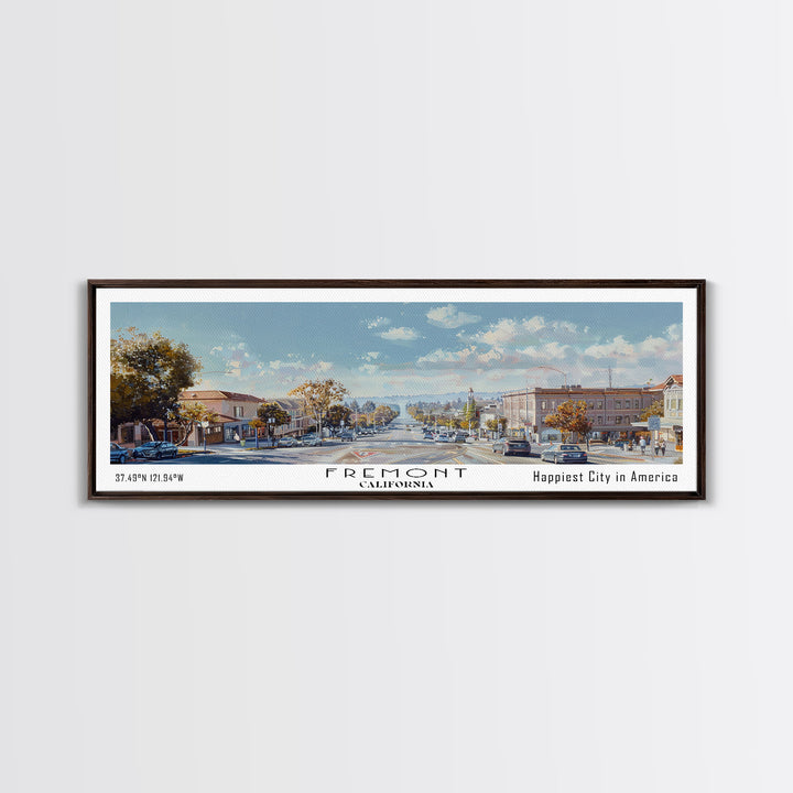 Fremont California Panoramic Watercolor Painting, Scenic Framed Canvas Print, Urban Wall Art for Office, Travel Poster, Home Decor, City Gift Idea