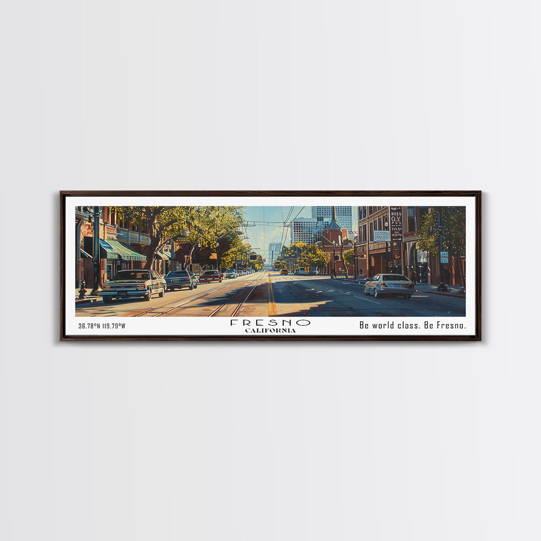 Fresno California Panoramic Watercolor Painting, Scenic Framed Canvas Print, Urban Wall Art for Living Room, Travel Decor, City Print, Gift Idea