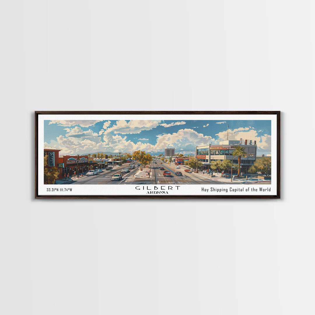 Gilbert Arizona Panoramic Watercolor Painting, Urban Framed Canvas Print, Cityscape Wall Art for Office, Travel Decor, Home Gift Idea