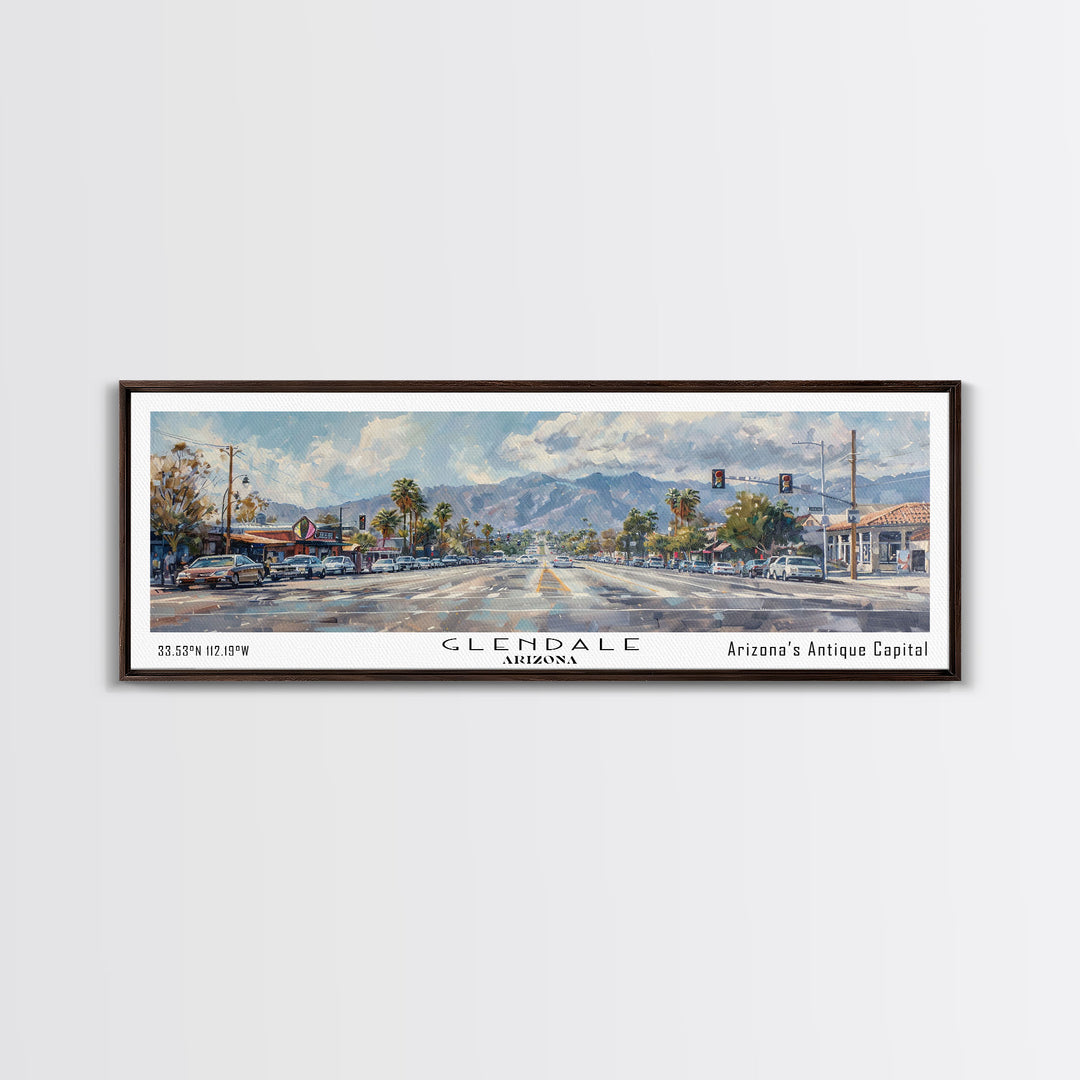 Glendale Arizona Panoramic Watercolor Painting, Urban Framed Canvas Print, Cityscape Wall Art for Office, Travel Decor, Home Gift Idea