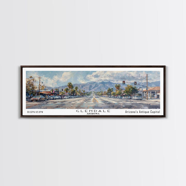 Glendale Arizona Panoramic Watercolor Painting, Urban Framed Canvas Print, Cityscape Wall Art for Office, Travel Decor, Home Gift Idea