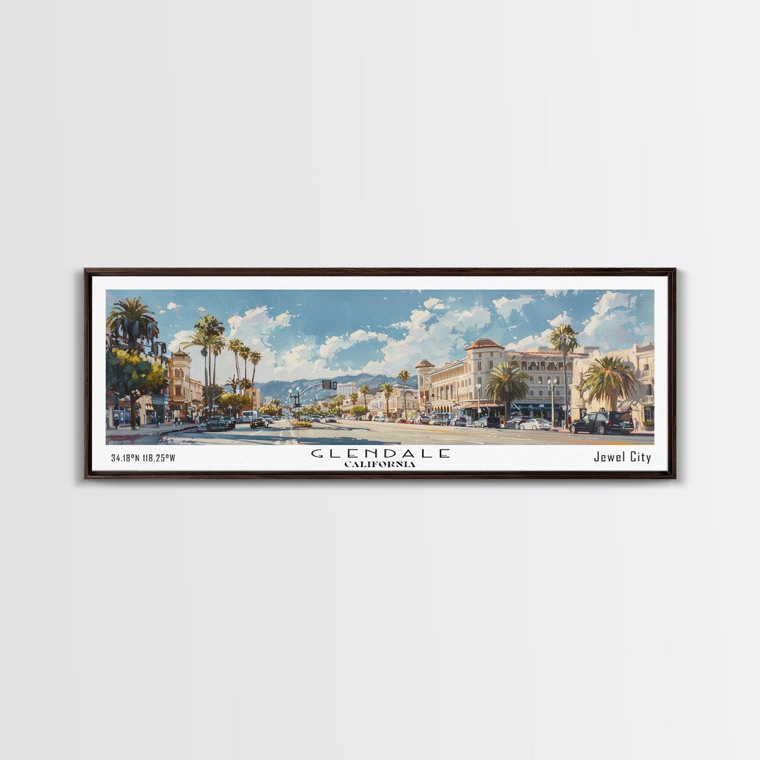 Glendale California Panoramic Watercolor Painting, Urban Framed Canvas Print, Cityscape Wall Art for Living Room, Travel Poster, Home Decor, City Gift Idea