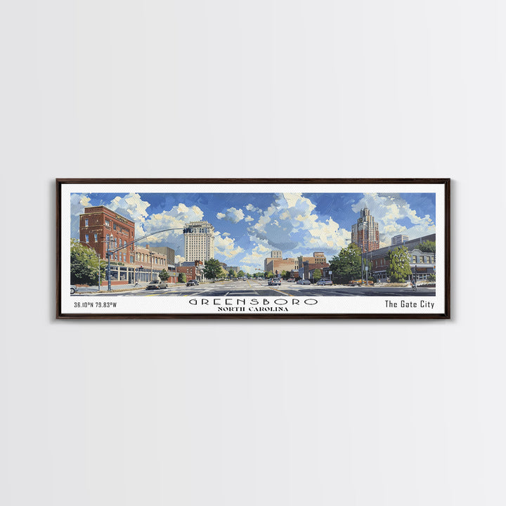 Greensboro North Carolina Panoramic Watercolor Painting, Urban Framed Canvas Print, Cityscape Wall Art for Office, Travel Decor, Home Gift Idea