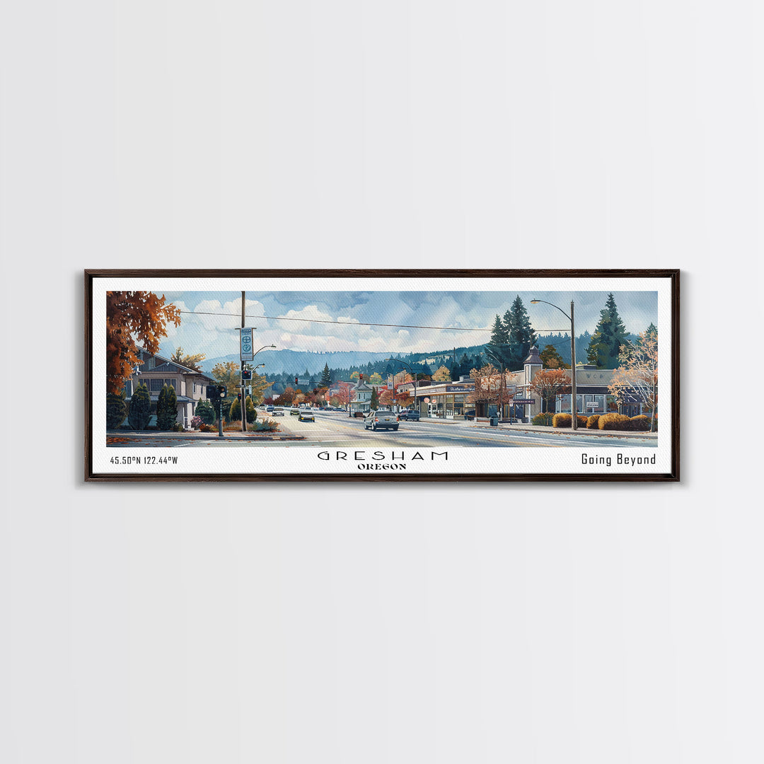 Gresham Oregon Panoramic Watercolor Painting, Urban Framed Canvas Print, Cityscape Wall Art for Living Room, Travel Decor, Home Gift Idea