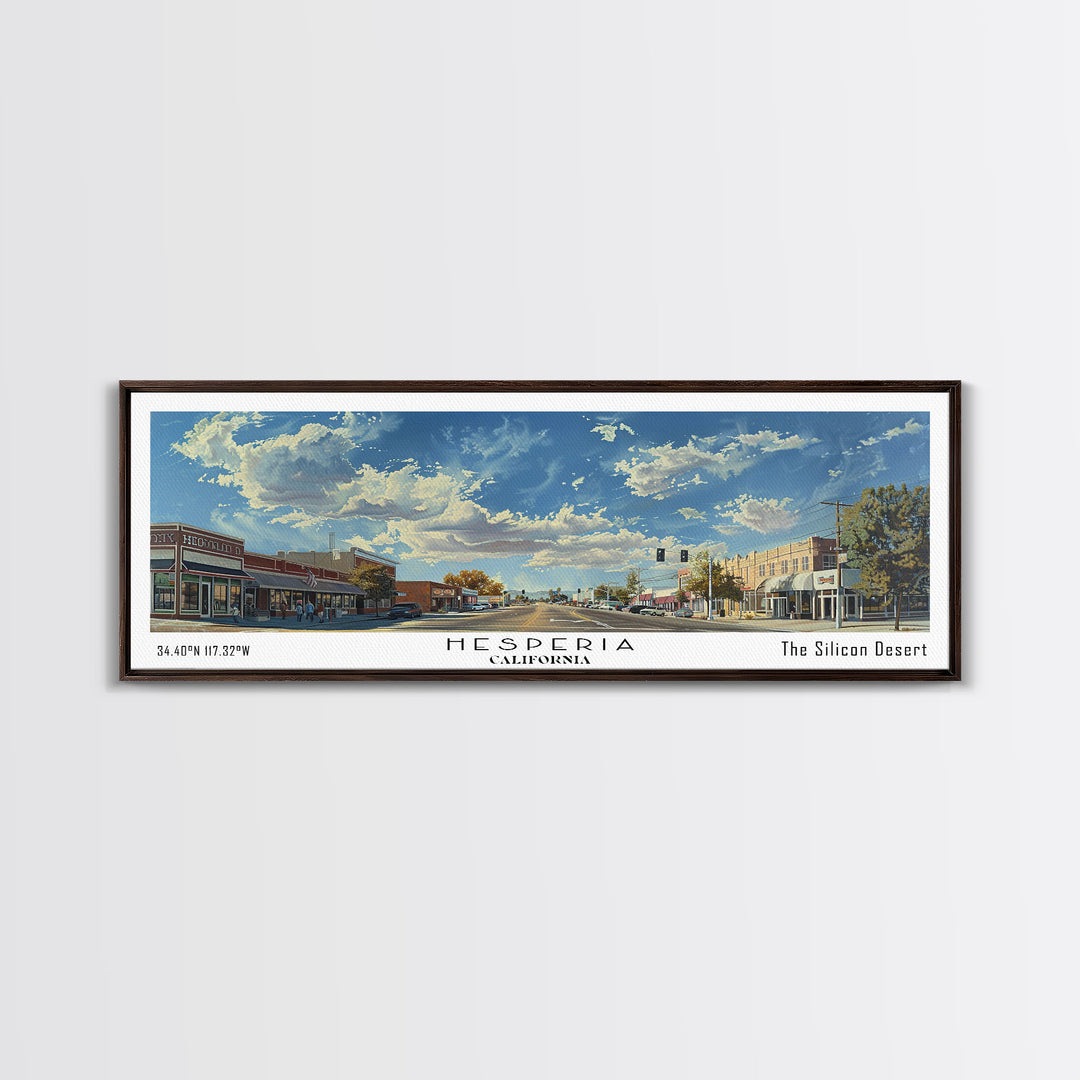 Hesperia California Panoramic Watercolor Painting, Urban Framed Canvas Print, Cityscape Wall Art for Living Room, Travel Poster, Home Decor, City Gift Idea