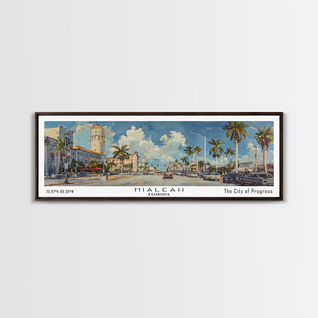 Hialeah Florida Panoramic Watercolor Painting, Urban Framed Canvas Print, Cityscape Wall Art for Office, Travel Decor, Home Gift Idea