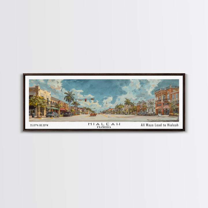 Hialeah Florida Panoramic Watercolor Painting, Urban Framed Canvas Print, Cityscape Wall Art for Living Room, Travel Decor, Home Gift Idea
