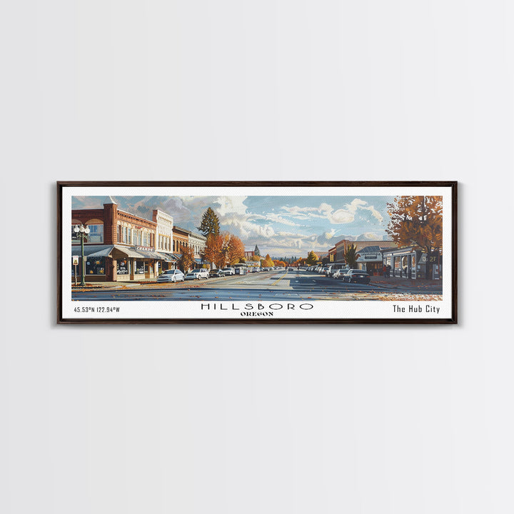 Hillsboro Oregon Panoramic Watercolor Painting, Urban Framed Canvas Print, Cityscape Wall Art for Office, Travel Decor, Home Gift Idea