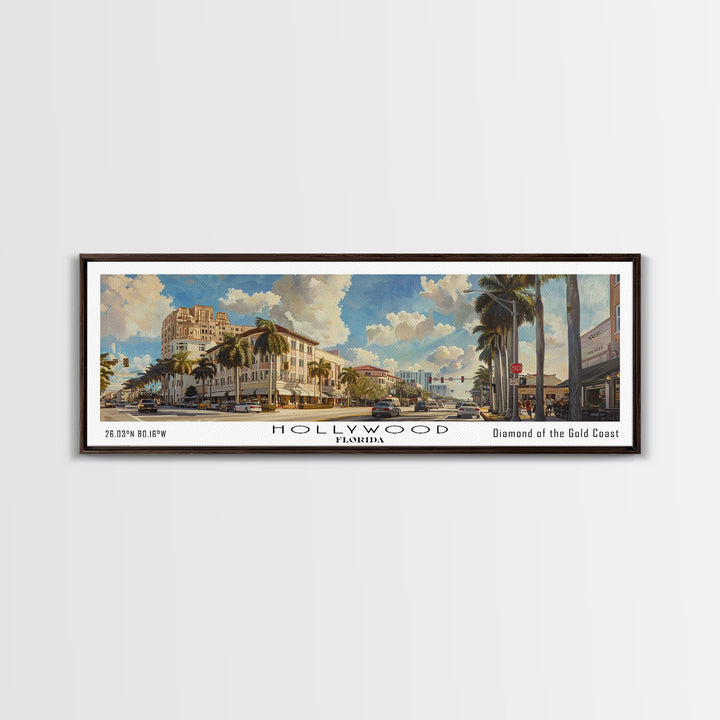 Hollywood Florida Panoramic Watercolor Painting, Urban Framed Canvas Print, Cityscape Wall Art for Living Room, Travel Poster, Home Decor, City Gift Idea