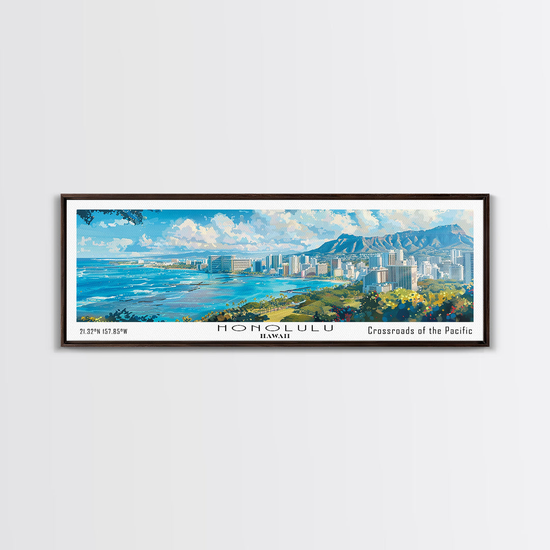 Honolulu Hawaii Panoramic Watercolor Painting, Urban Framed Canvas Print, Cityscape Wall Art for Living Room, Travel Poster, Home Decor, City Gift Idea