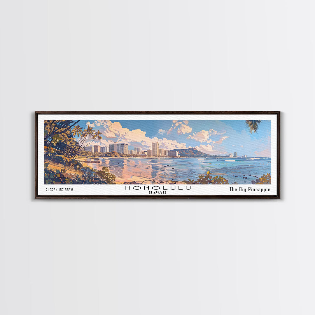 Honolulu Hawaii Panoramic Watercolor Painting, Urban Framed Canvas Print, Cityscape Wall Art for Office, Travel Decor, Home Gift Idea