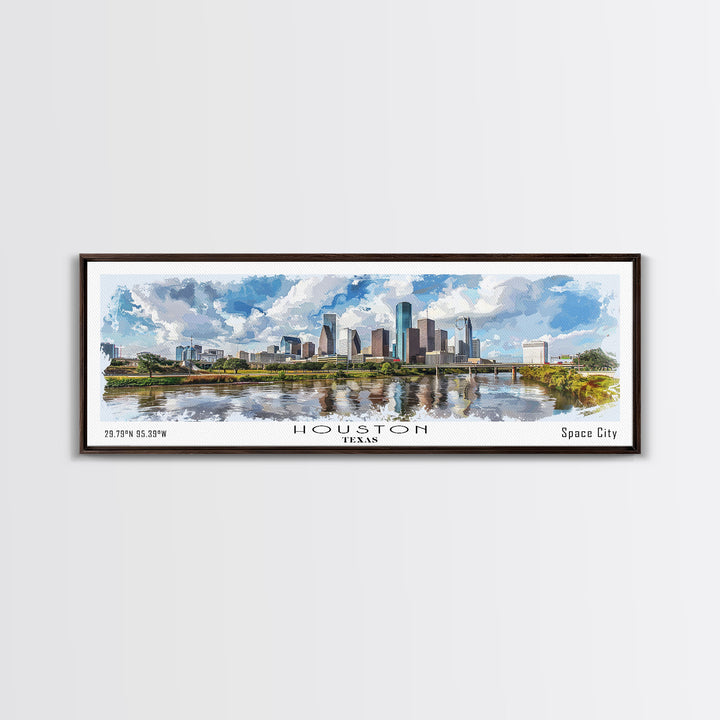 Houston Texas Panoramic Watercolor Painting, Urban Framed Canvas Print, Cityscape Wall Art for Living Room, Travel Poster, Home Decor, City Gift Idea