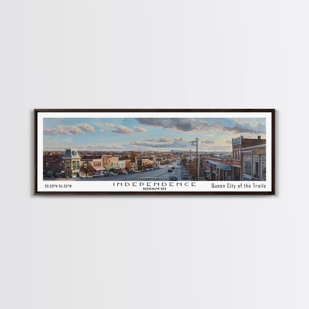 Independence Missouri Panoramic Watercolor Painting, Urban Framed Canvas Print, Cityscape Wall Art for Living Room, Travel Decor, Home Gift Idea