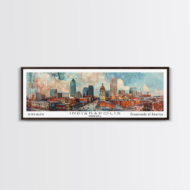 Indianapolis Indiana Panoramic Watercolor Painting, Urban Framed Canvas Print, Cityscape Wall Art for Office, Travel Decor, Home Gift Idea