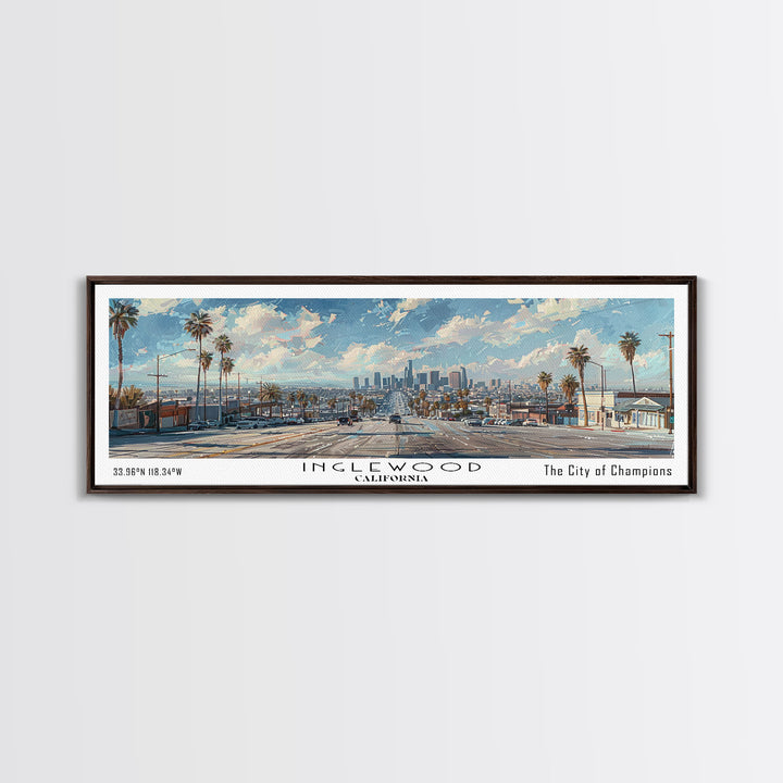 Inglewood California Panoramic Watercolor Painting, Urban Framed Canvas Print, Cityscape Wall Art for Living Room, Travel Poster, Home Decor, City Gift Idea