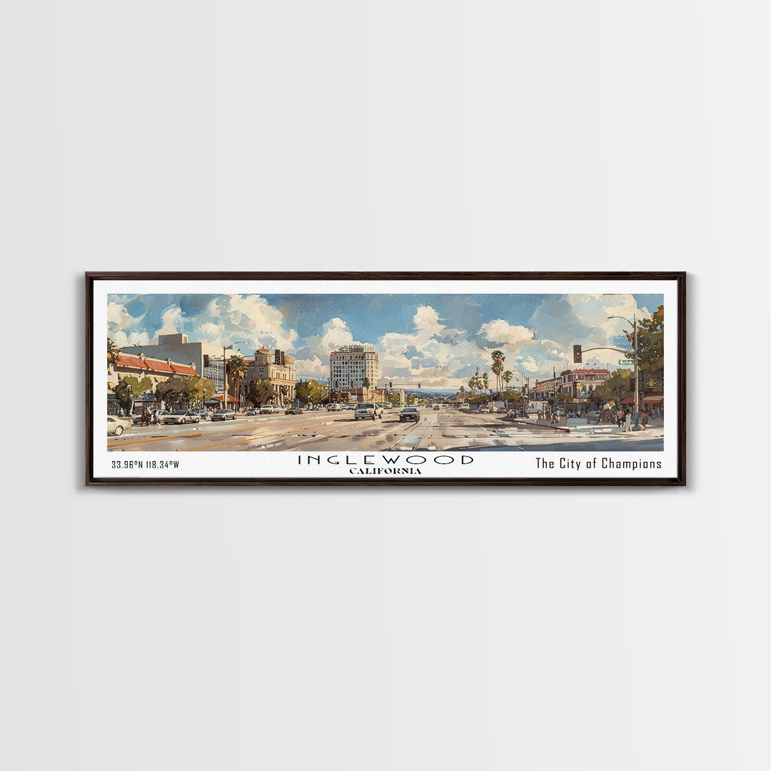 Inglewood California Panoramic Watercolor Painting, Urban Framed Canvas Print, Cityscape Wall Art for Office, Travel Decor, Home Gift Idea