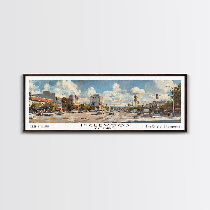 Inglewood California Panoramic Watercolor Painting, Urban Framed Canvas Print, Cityscape Wall Art for Office, Travel Decor, Home Gift Idea