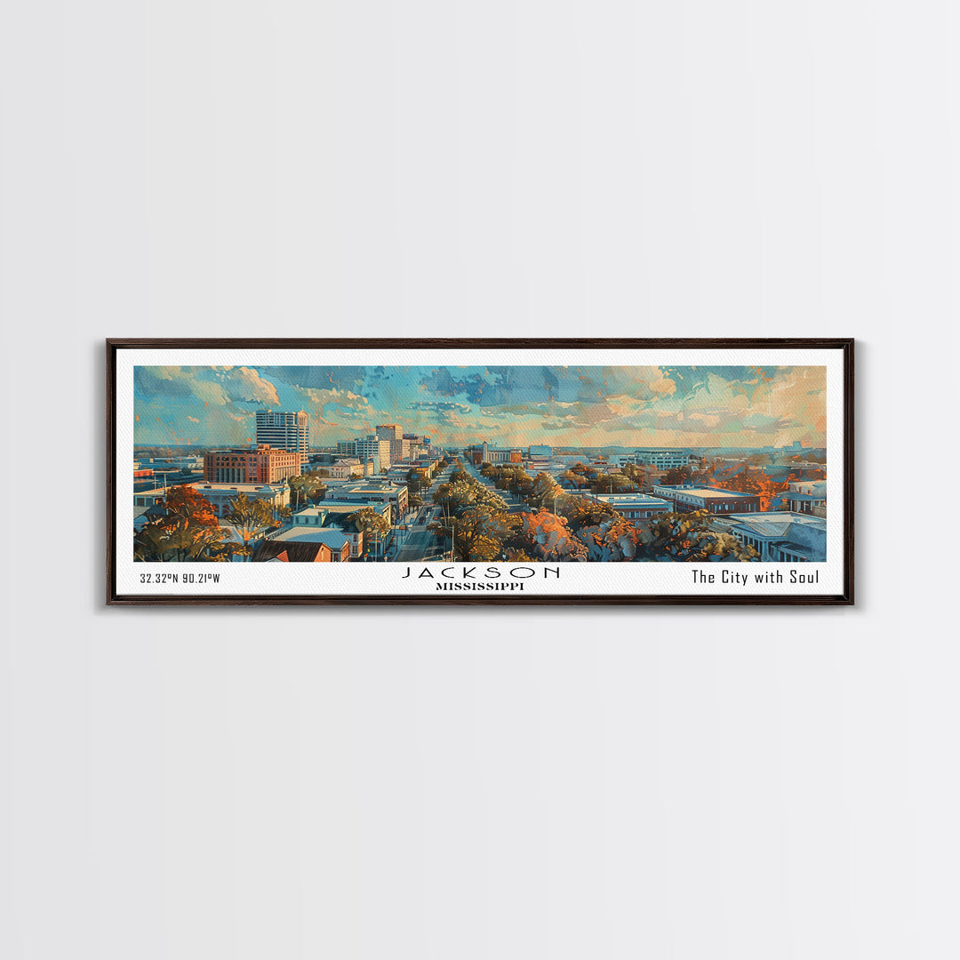 Jackson Mississippi Watercolor Panoramic City Painting, Framed Canvas Print for Living Room, Office Wall Art, Urban Decor, Travel Poster