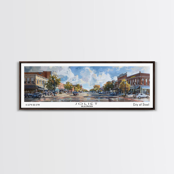 Joliet Illinois Panoramic Cityscape Wall Art, Watercolor Framed Canvas Print, Urban Painting for Living Room, Office Decor, Travel Poster