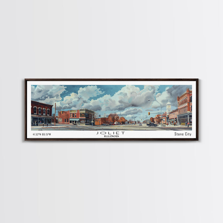 Joliet Illinois Panoramic Watercolor City Painting, Framed Canvas Print for Home, Office Wall Art, Urban Decor, Travel Poster