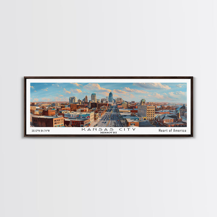 Kansas City Missouri Panoramic Cityscape Painting, Framed Canvas Print, Urban Decor, Office Wall Art, Watercolor Travel Poster, Home Decoration