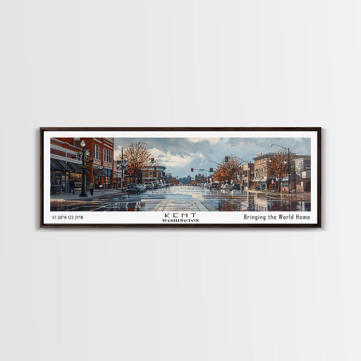 Kent Washington Panoramic Cityscape Wall Art, Watercolor Framed Canvas Print, Urban Painting for Living Room, Office Decor, Travel Poster