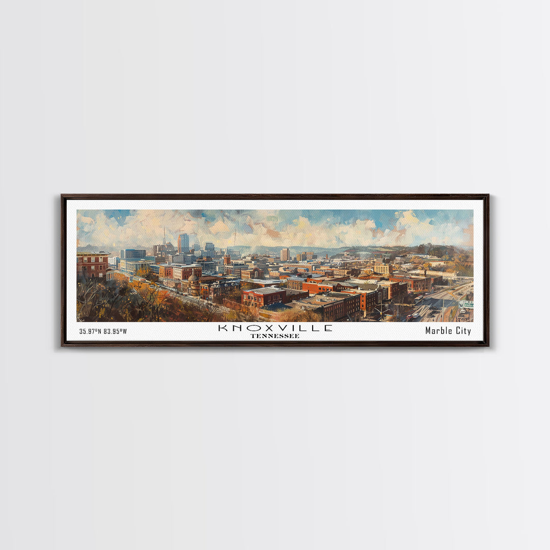 Knoxville Tennessee Panoramic Watercolor Cityscape, Framed Canvas Print for Living Room, Office Wall Art, Urban Decor, Travel Poster