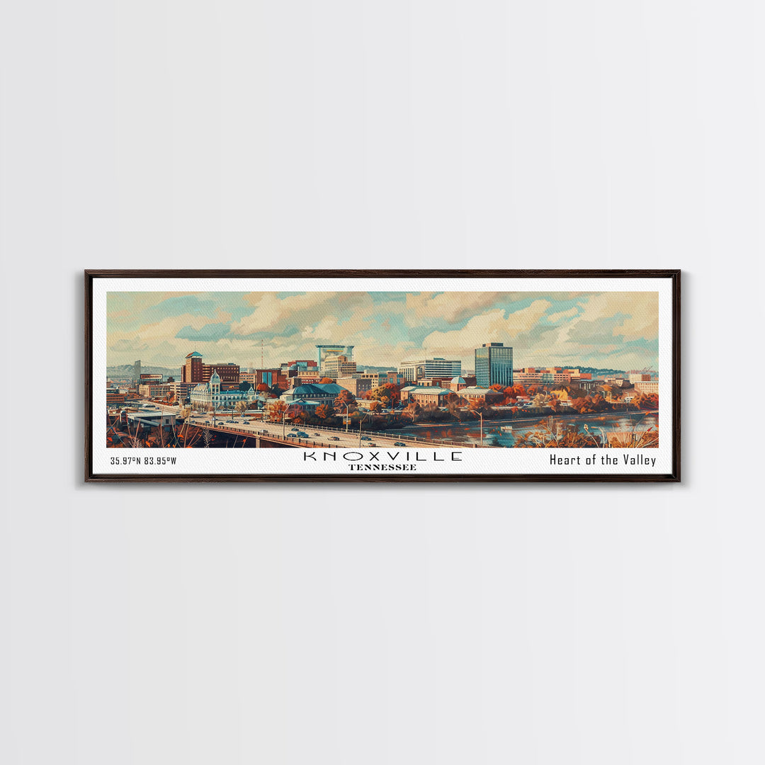 Knoxville Tennessee Panoramic Cityscape Wall Art, Watercolor Framed Canvas Print, Urban Painting for Living Room, Office Decor, Travel Poster