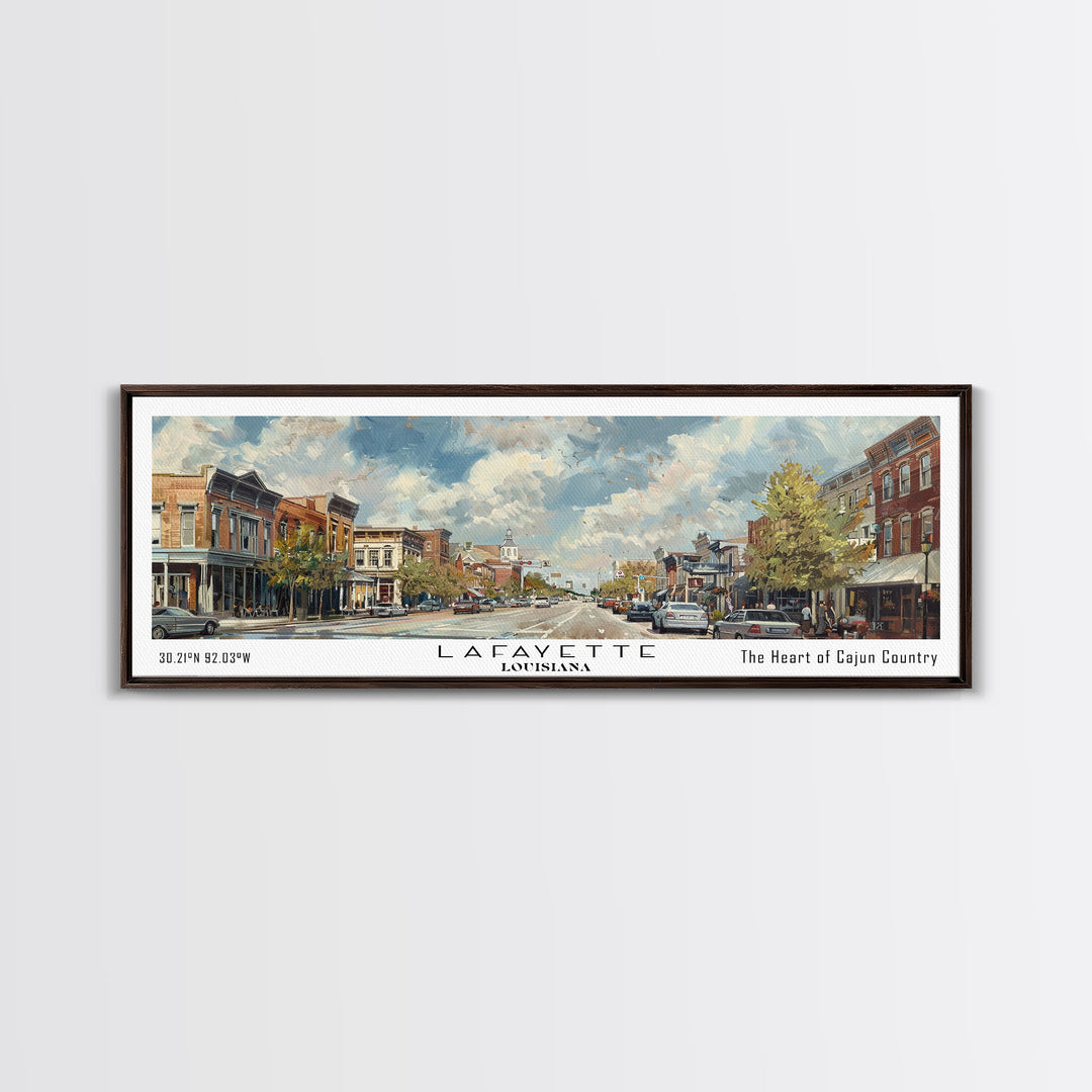 Lafayette Louisiana Panoramic Cityscape Wall Art, Watercolor Framed Canvas Print, Urban Painting for Living Room, Office Decor, Travel Poster