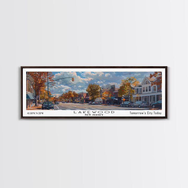 Lakewood New Jersey Panoramic Watercolor Cityscape, Framed Canvas Print for Living Room, Office Wall Art, Urban Decor, Travel Poster