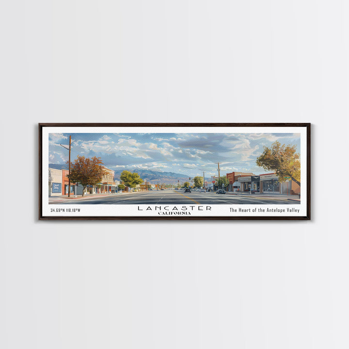 Lancaster California Panoramic Cityscape Painting, Framed Canvas Print, Urban Decor, Office Wall Art, Watercolor Travel Poster, Home Decoration