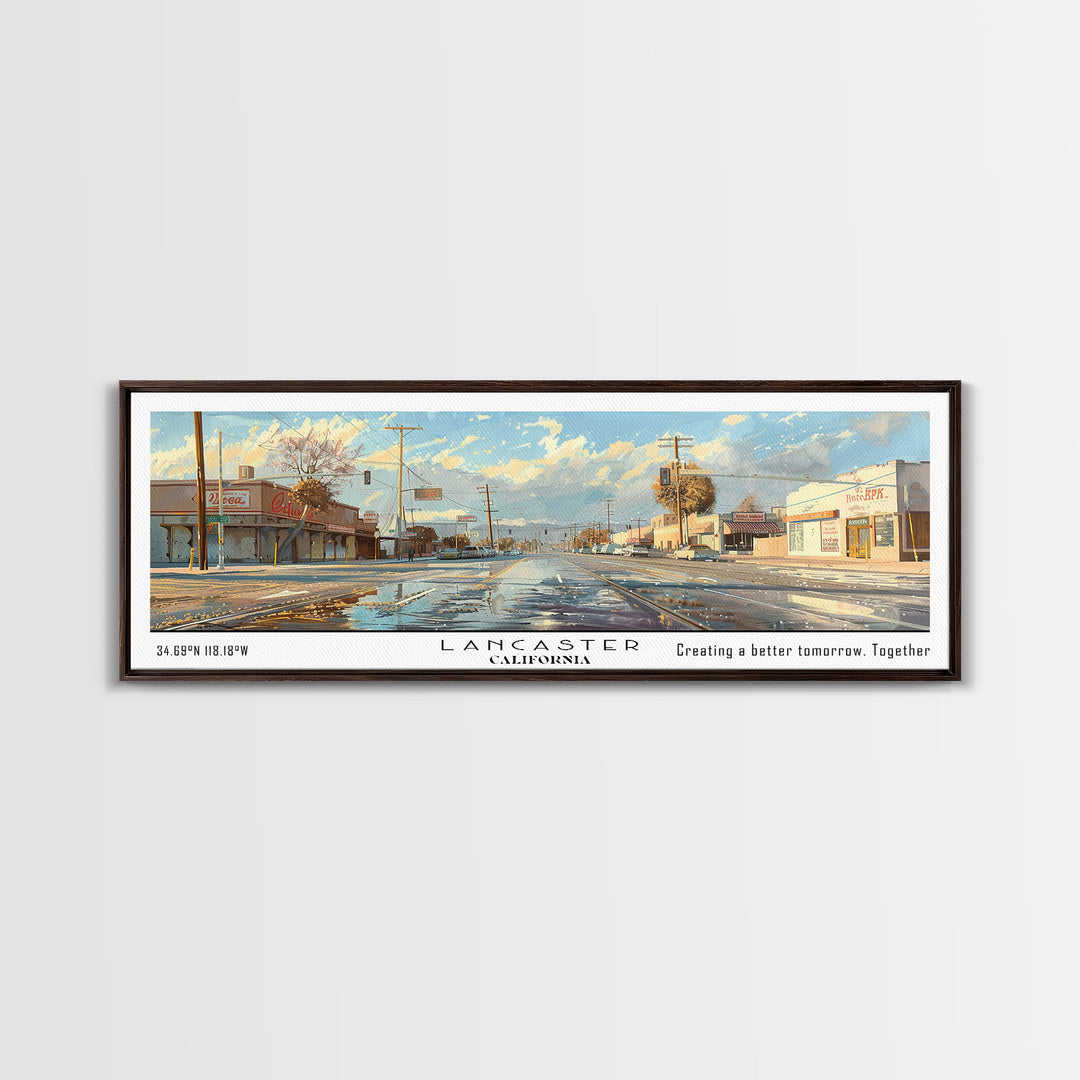 Lancaster California Panoramic Cityscape Wall Art, Watercolor Framed Canvas Print, Urban Painting for Living Room, Office Decor, Travel Poster