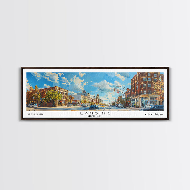 Lansing Michigan Panoramic Cityscape Wall Art, Watercolor Framed Canvas Print, Urban Painting for Living Room, Office Decor, Travel Poster