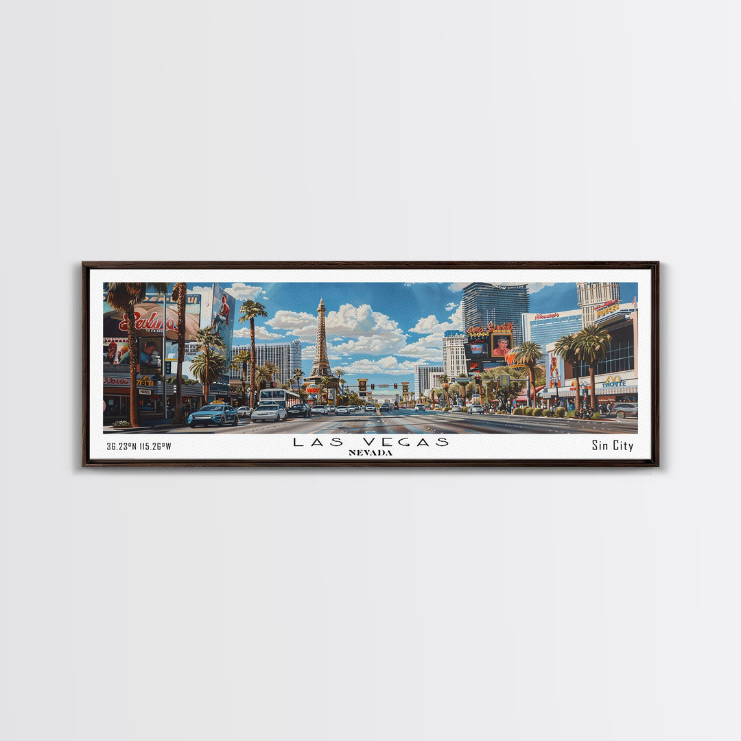 Las Vegas Nevada Panoramic Watercolor Cityscape, Framed Canvas Print for Living Room, Office Wall Art, Urban Decor, Travel Poster