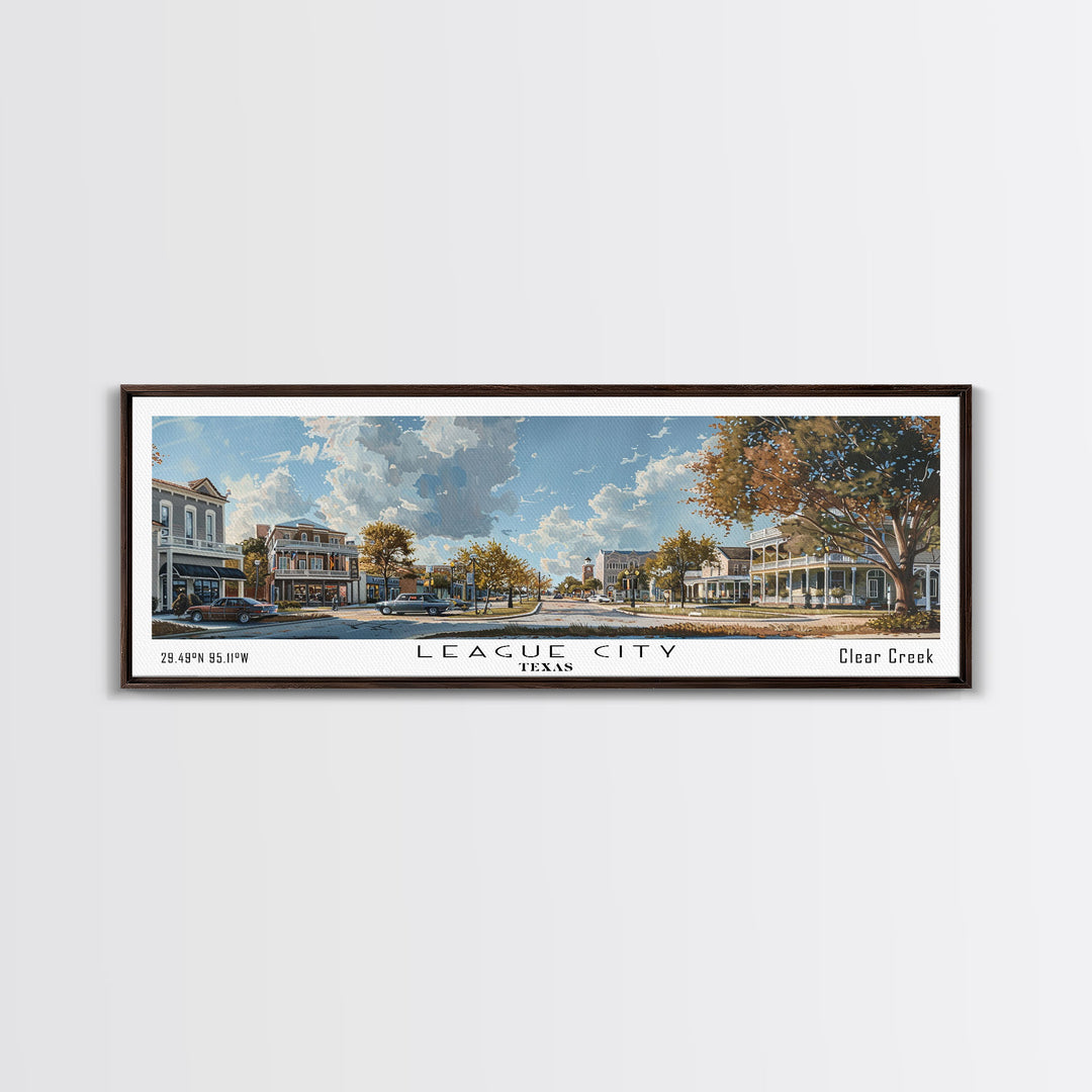 League City Texas Panoramic Cityscape Wall Art, Watercolor Framed Canvas Print, Urban Painting for Living Room, Office Decor, Travel Poster