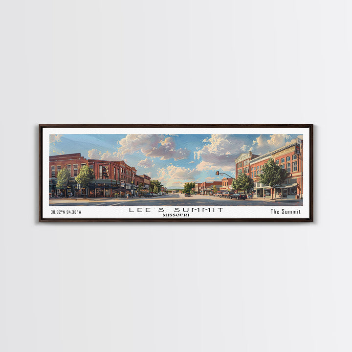 Lees Summit Missouri Panoramic Watercolor Cityscape, Framed Canvas Print for Living Room, Office Wall Art, Urban Decor, Travel Poster