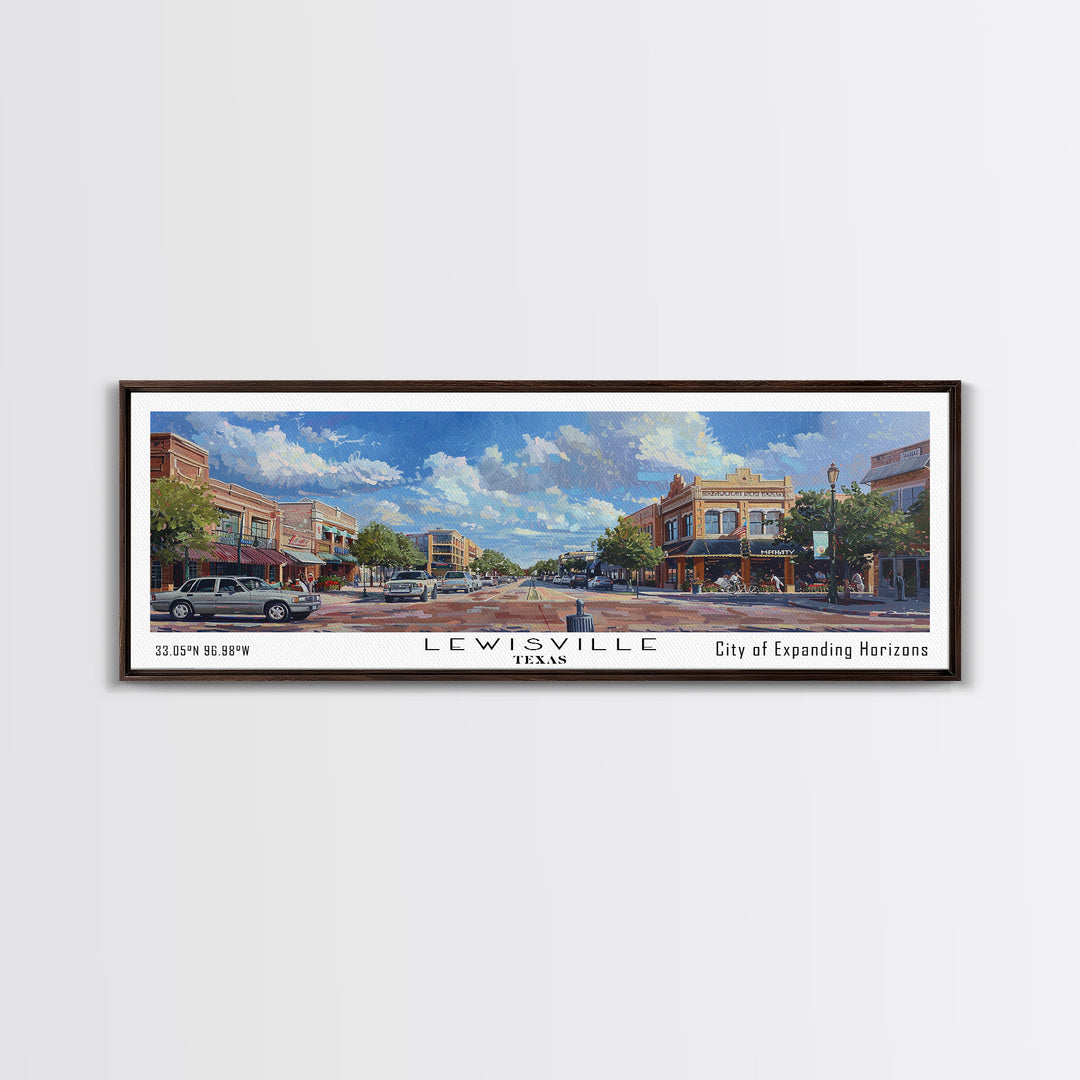 Lewisville Texas Panoramic Cityscape Painting, Framed Canvas Print, Urban Decor, Office Wall Art, Watercolor Travel Poster, Home Decoration