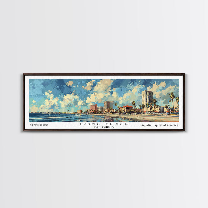 Long Beach California Panoramic Cityscape Painting, Framed Canvas Print, Urban Decor, Office Wall Art, Watercolor Travel Poster, Home Decoration