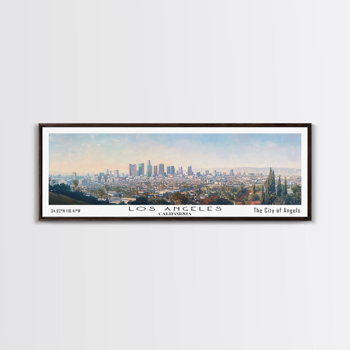 Los Angeles California Panoramic Cityscape Wall Art, Watercolor Framed Canvas Print, Urban Painting for Living Room, Office Decor, Travel Poster