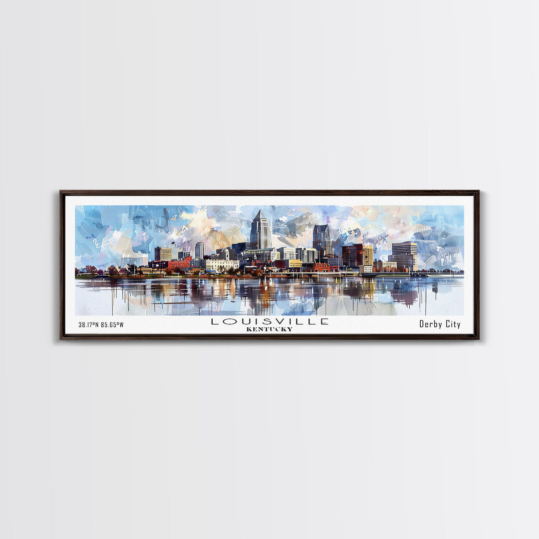 Louisville Kentucky Panoramic Cityscape Wall Art, Watercolor Framed Canvas Print, Urban Painting for Living Room, Office Decor, Travel Poster