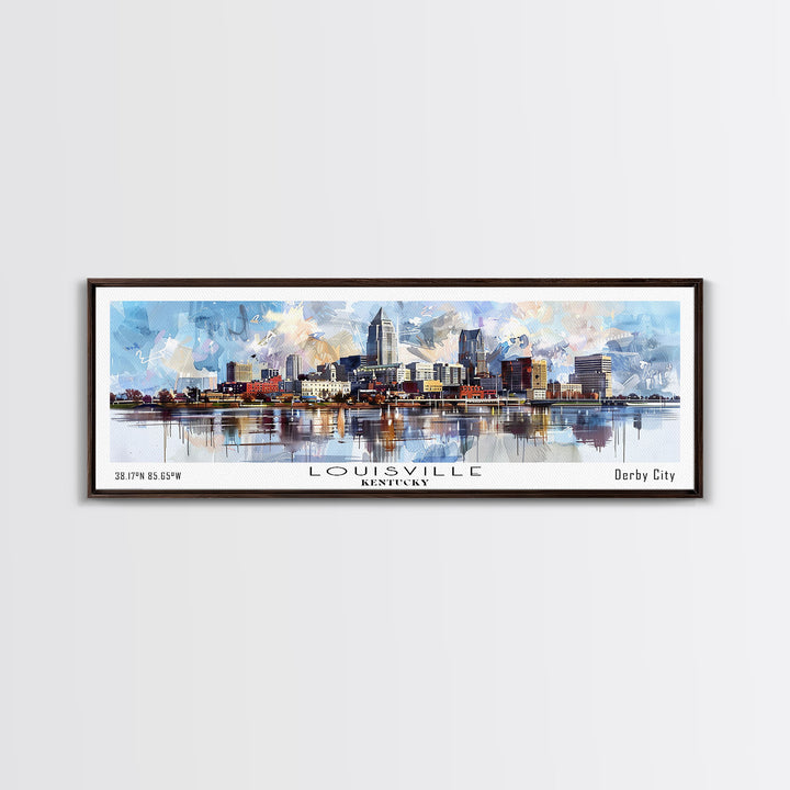 Louisville Kentucky Panoramic Cityscape Wall Art, Watercolor Framed Canvas Print, Urban Painting for Living Room, Office Decor, Travel Poster
