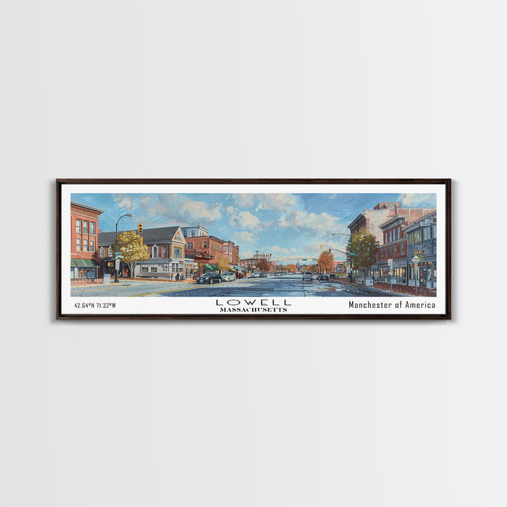 Lowell Massachusetts Panoramic Watercolor Cityscape, Framed Canvas Print for Living Room, Office Wall Art, Urban Decor, Travel Poster