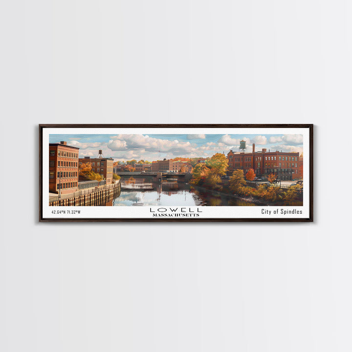 Lowell Massachusetts Panoramic Cityscape Wall Art, Watercolor Framed Canvas Print, Urban Painting for Living Room, Office Decor, Travel Poster