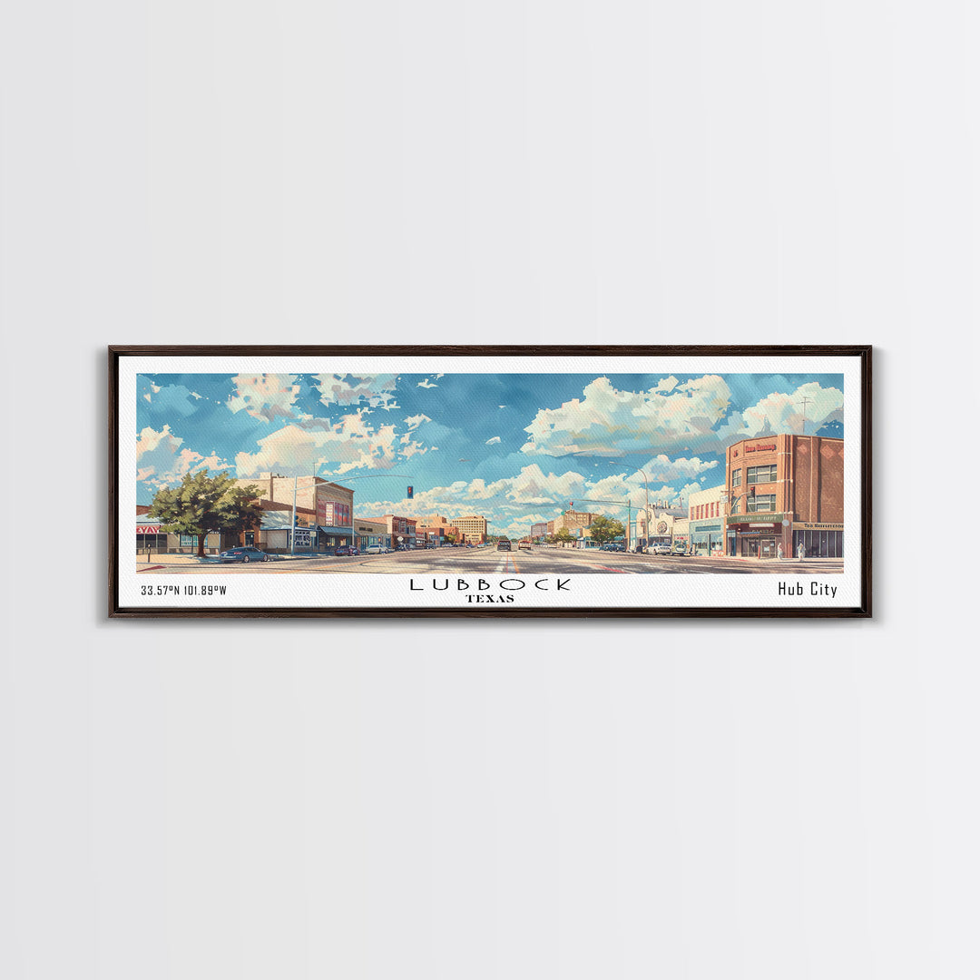 Lubbock Texas Panoramic Cityscape Wall Art, Watercolor Framed Canvas Print, Urban Painting for Living Room, Office Decor, Travel Poster