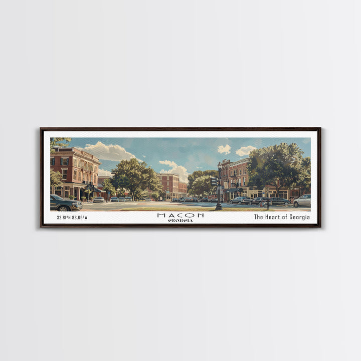 Macon Georgia Panoramic Watercolor Cityscape, Framed Canvas Print for Living Room, Office Wall Art, Urban Decor, Travel Poster